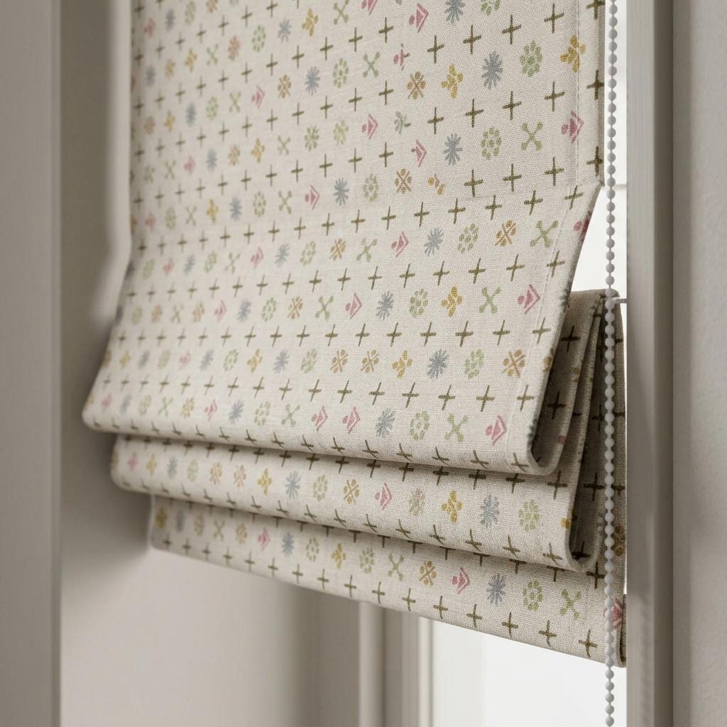 Cream Olive Linen Roman Shade, Pink Gray Mid Century Atomic Print Custom Blind, Blackout or Light Filtering Window Shade — image 6