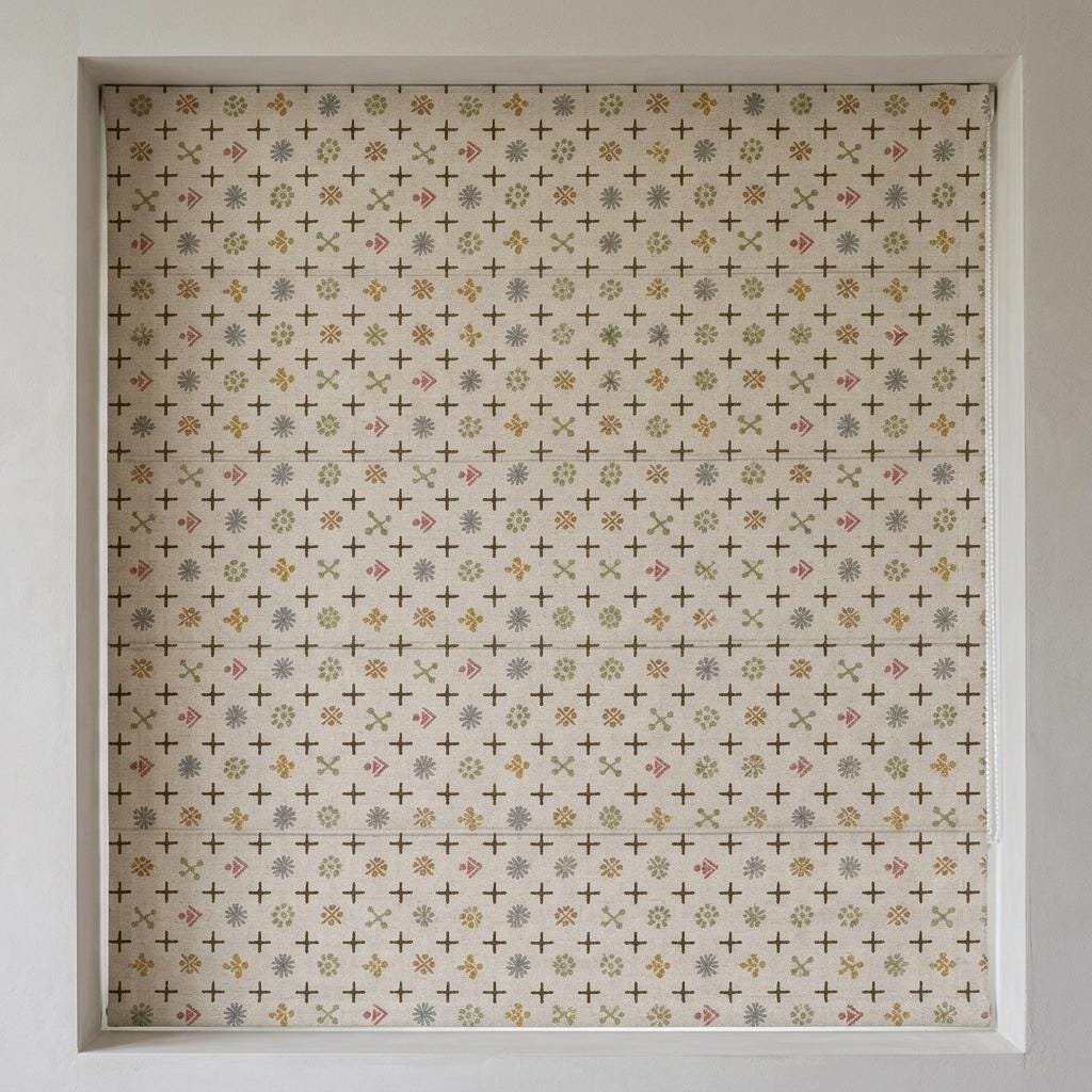 Cream Olive Linen Roman Shade, Pink Gray Mid Century Atomic Print Custom Blind, Blackout or Light Filtering Window Shade — image 9
