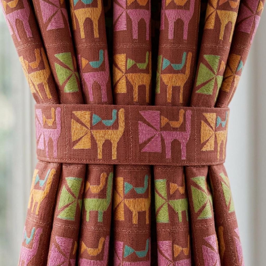 Terracotta Cat Print Linen Curtains, Colorful Mid Century Geometric Drapes, Custom Blackout Window Panels — image 1