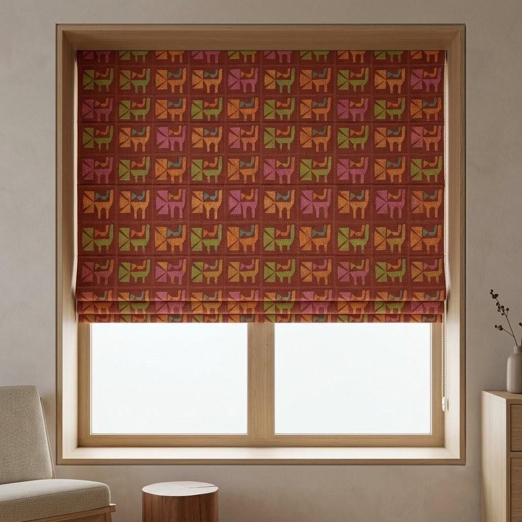 Rust Terracotta Cat Linen Roman Shade, Mid Century Geometric Custom Blind, Blackout or Light Filtering — image 2