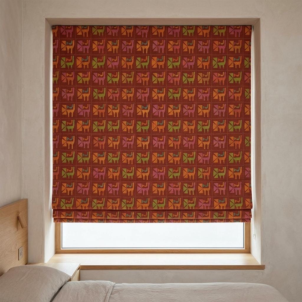 Rust Terracotta Cat Linen Roman Shade, Mid Century Geometric Custom Blind, Blackout or Light Filtering — image 6