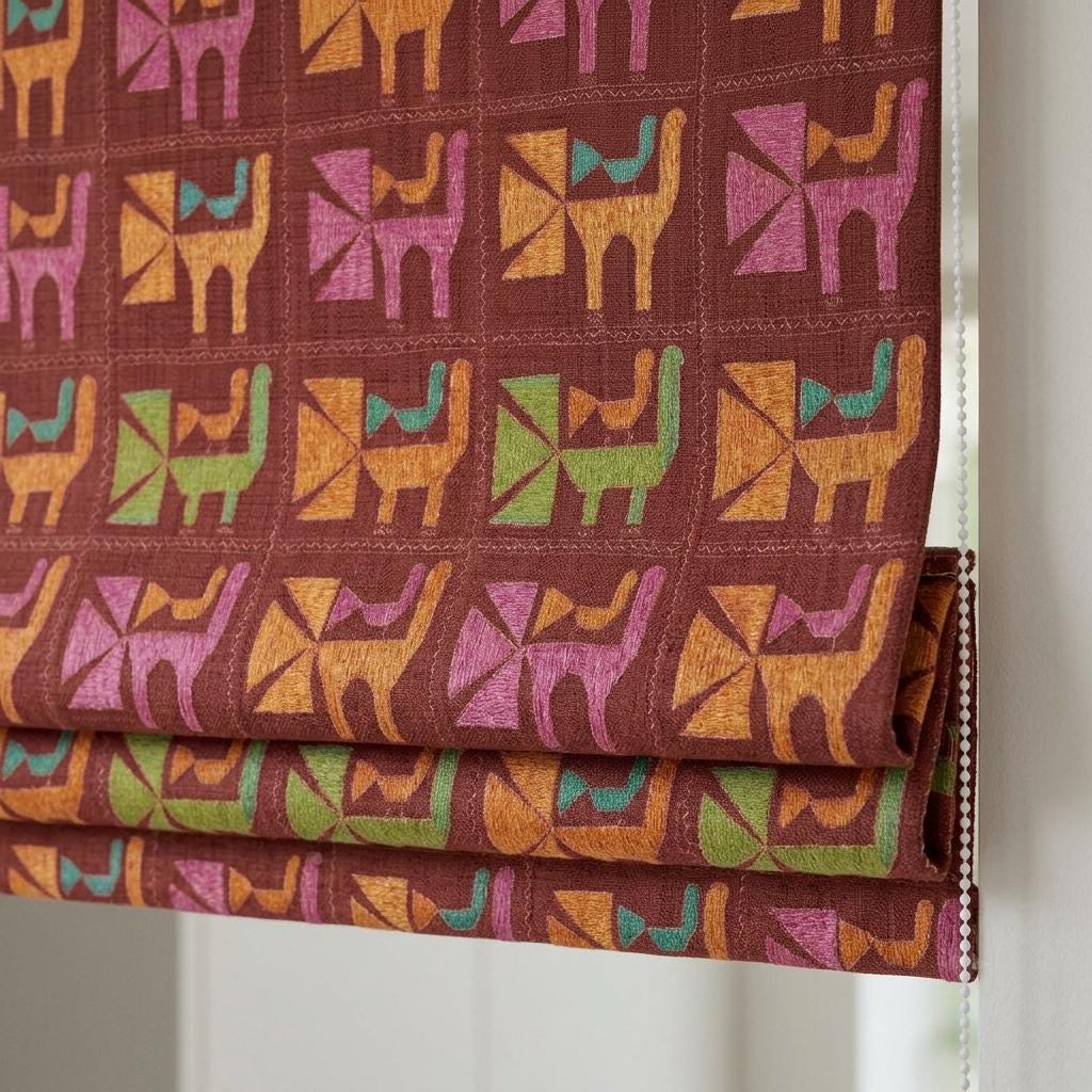 Rust Terracotta Cat Linen Roman Shade, Mid Century Geometric Custom Blind, Blackout or Light Filtering — image 3