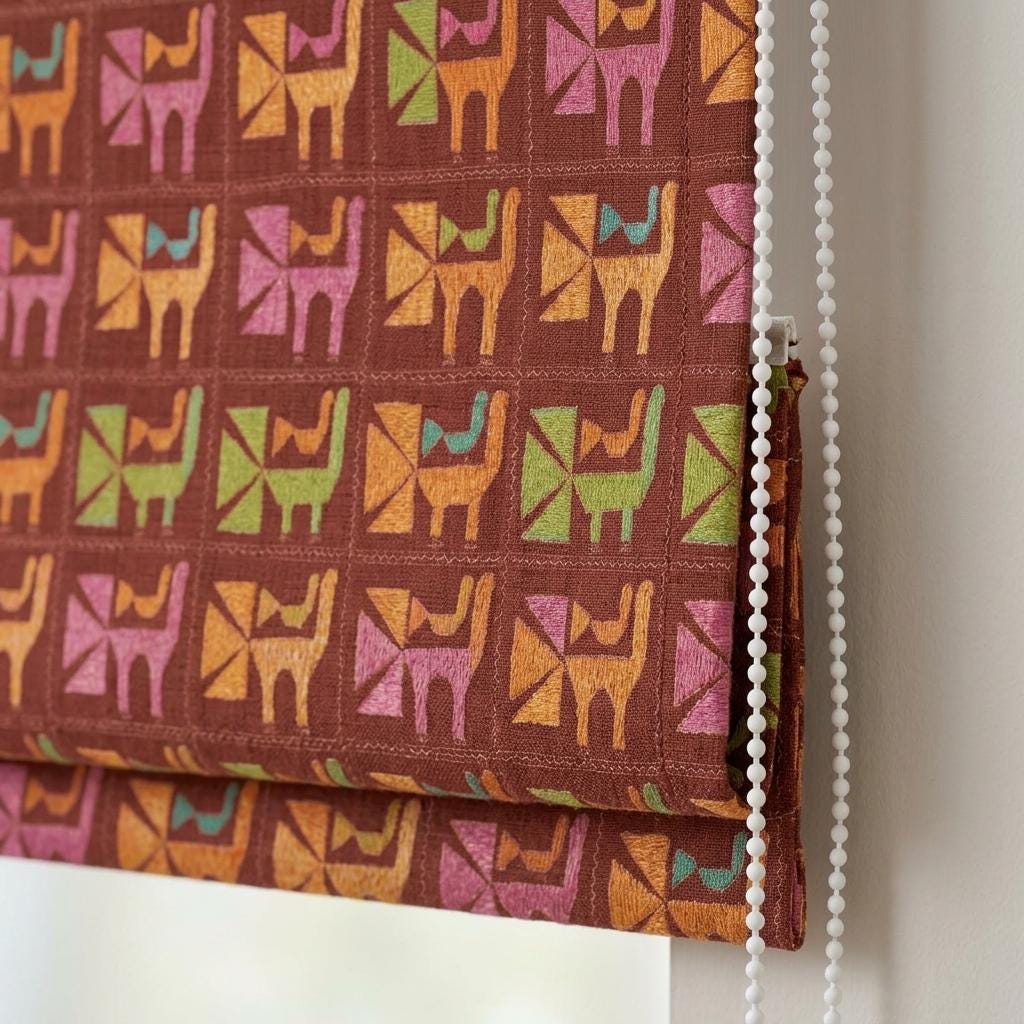 Rust Terracotta Cat Linen Roman Shade, Mid Century Geometric Custom Blind, Blackout or Light Filtering — image 7