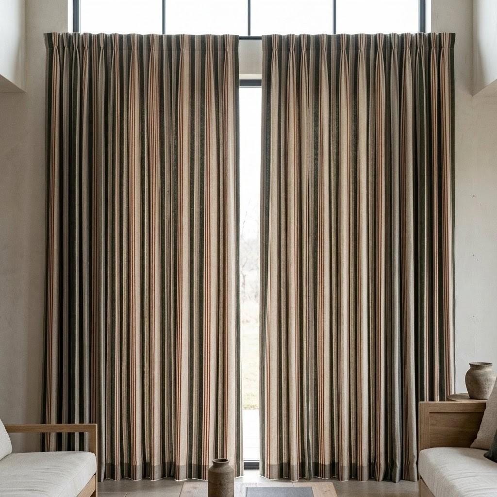 Organic Linen Farmhouse Curtains - Oatmeal Base with Olive and Rust Stripes — image 5