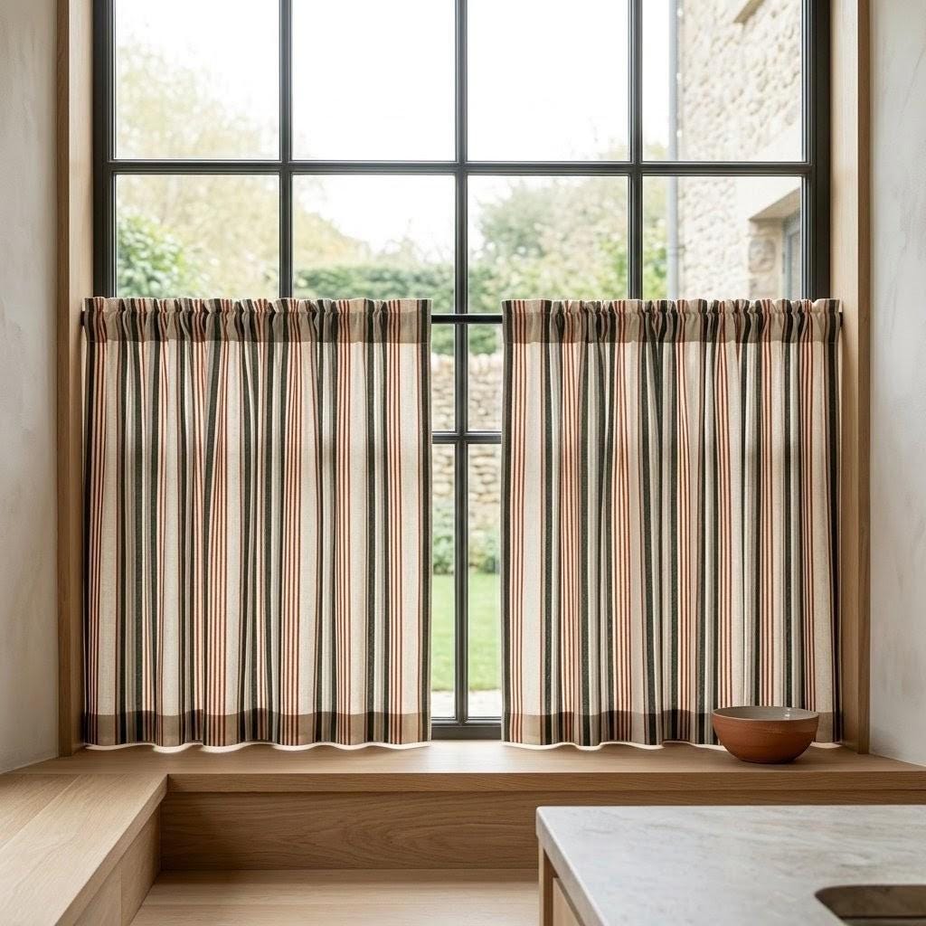 Organic Linen Farmhouse Curtains - Oatmeal Base with Olive and Rust Stripes — image 7
