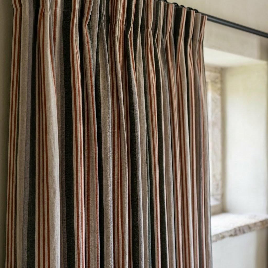 Organic Linen Farmhouse Curtains - Oatmeal Base with Olive and Rust Stripes — image 6