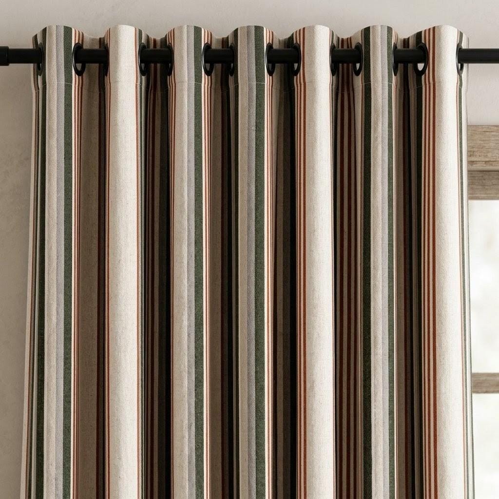 Organic Linen Farmhouse Curtains - Oatmeal Base with Olive and Rust Stripes — image 4