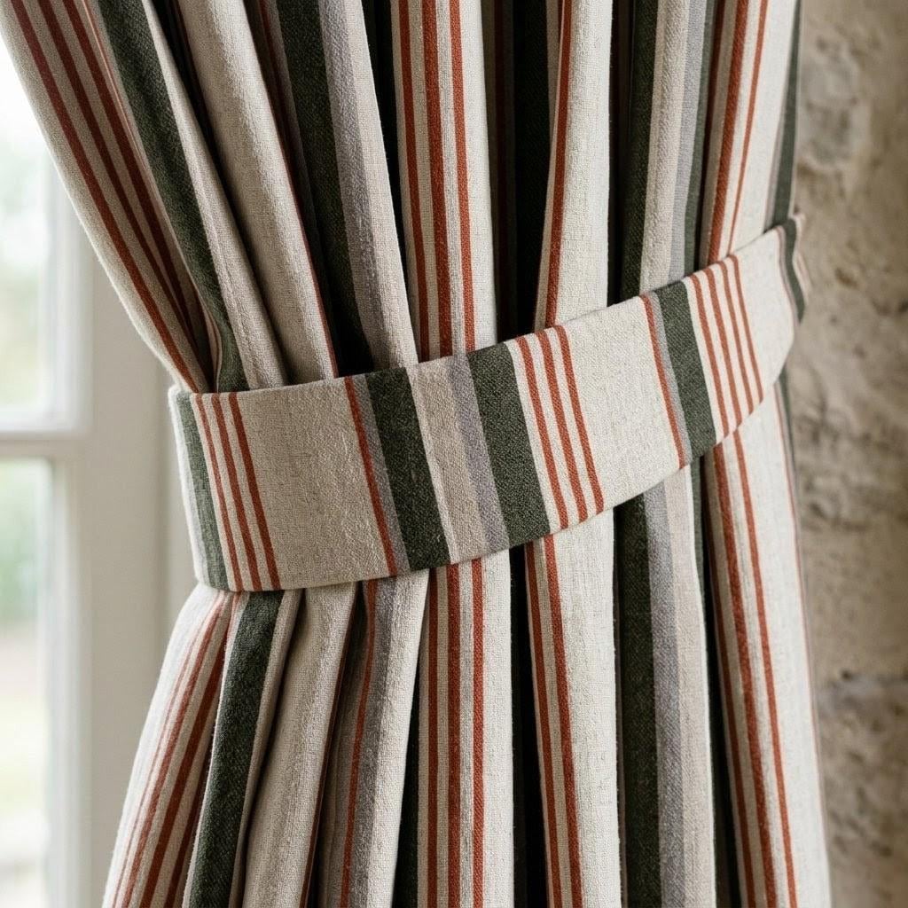Organic Linen Farmhouse Curtains - Oatmeal Base with Olive and Rust Stripes — image 3
