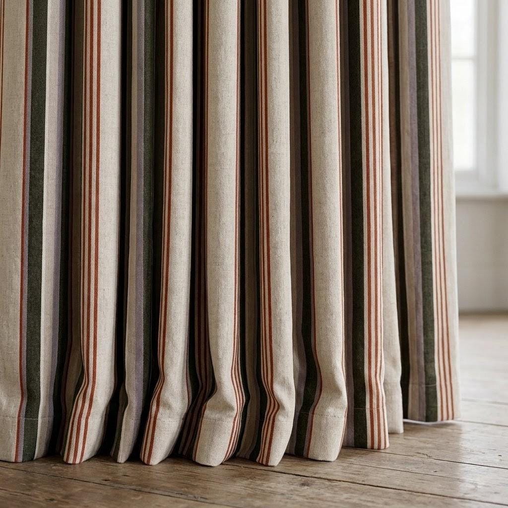 Organic Linen Farmhouse Curtains - Oatmeal Base with Olive and Rust Stripes — image 1