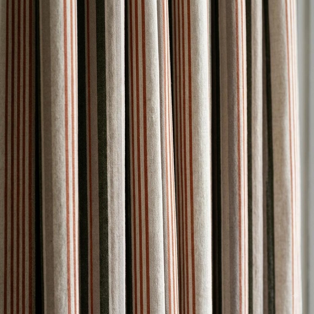 Organic Linen Farmhouse Curtains - Oatmeal Base with Olive and Rust Stripes — image 8