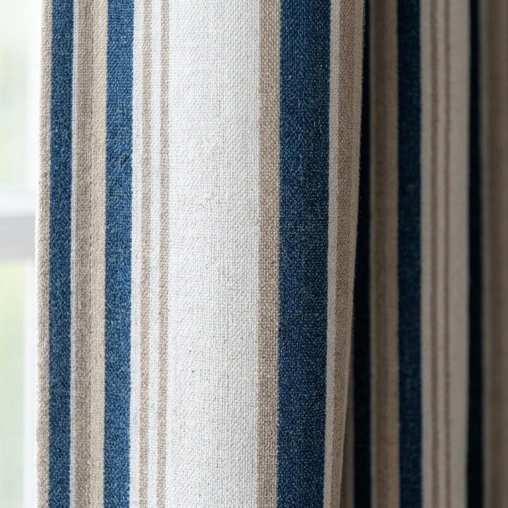 Striped Linen Curtains: Navy & Sand on Ivory (Single or Pair) — image 2