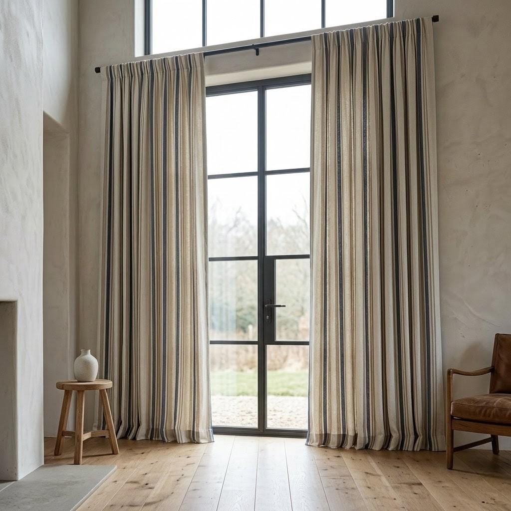 Striped Linen Curtains: Navy & Sand on Ivory (Single or Pair) — image 5