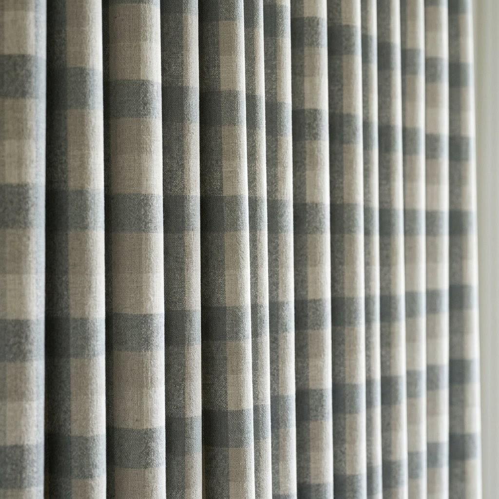 Dusty Blue Grey & Ivory Pure Linen Curtains, Buffalo Check Farmhouse Plaid Drapes, Custom Extra Long Blackout Panels — image 3