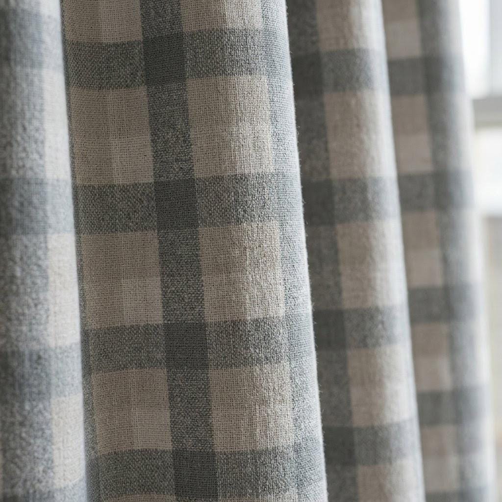 Dusty Blue Grey & Ivory Pure Linen Curtains, Buffalo Check Farmhouse Plaid Drapes, Custom Extra Long Blackout Panels — image 6