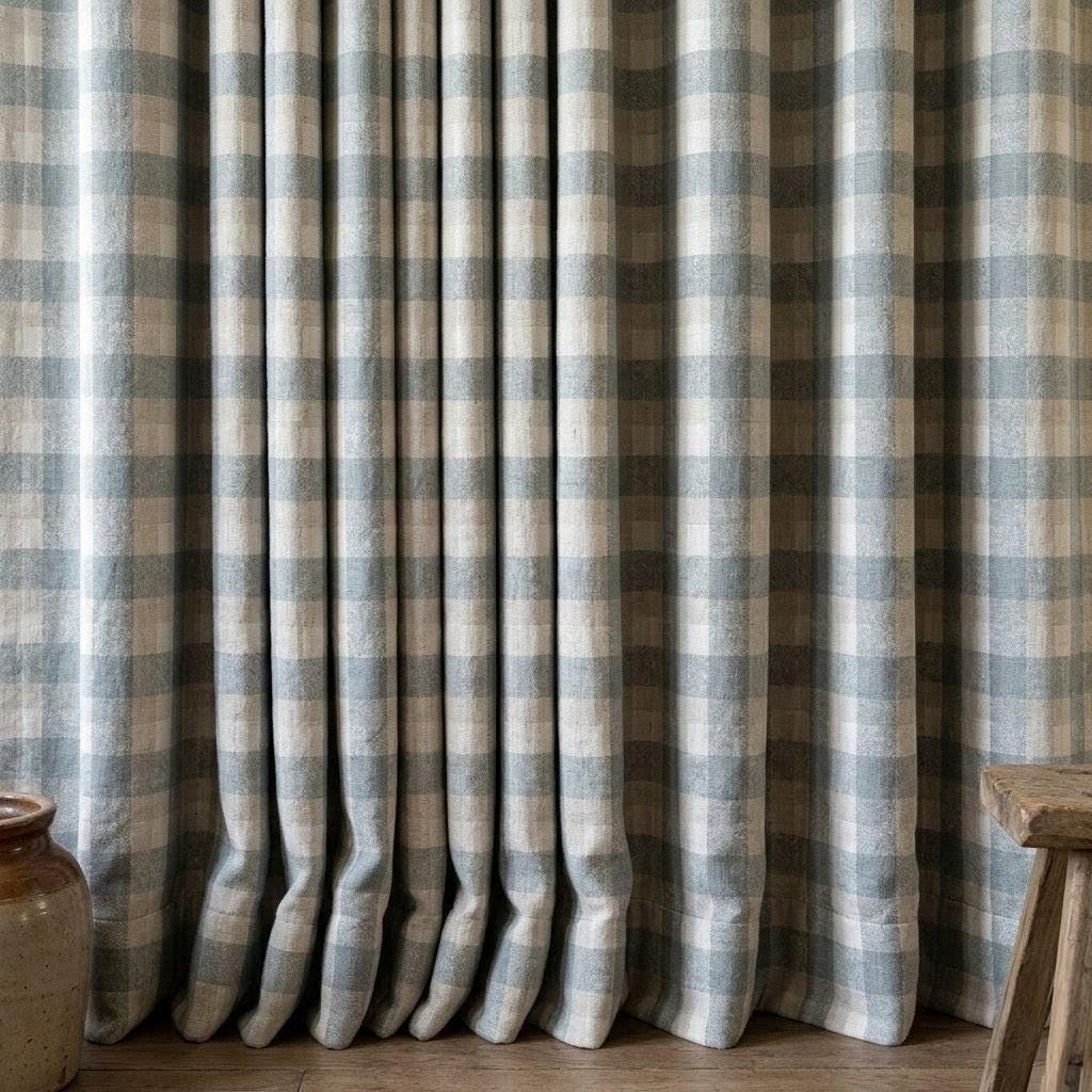 Dusty Blue Grey & Ivory Pure Linen Curtains, Buffalo Check Farmhouse Plaid Drapes, Custom Extra Long Blackout Panels — image 5