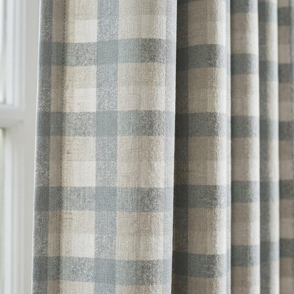 Dusty Blue Grey & Ivory Pure Linen Curtains, Buffalo Check Farmhouse Plaid Drapes, Custom Extra Long Blackout Panels — image 1