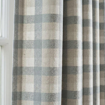 Dusty Blue Grey & Ivory Pure Linen Curtains, Buffalo Check Farmhouse Plaid Drapes, Custom Extra Long Blackout Panels — image 1