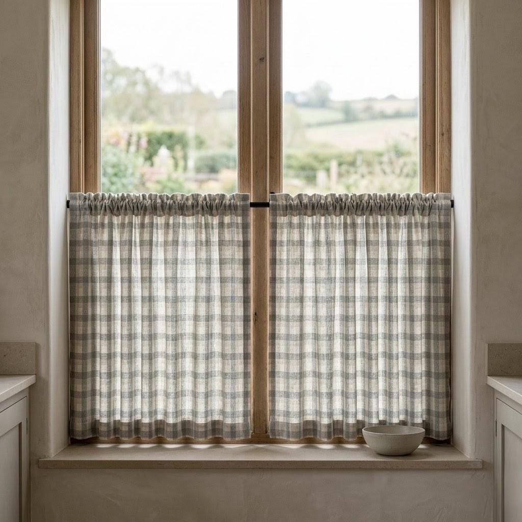 Dusty Blue Grey & Ivory Pure Linen Curtains, Buffalo Check Farmhouse Plaid Drapes, Custom Extra Long Blackout Panels — image 9