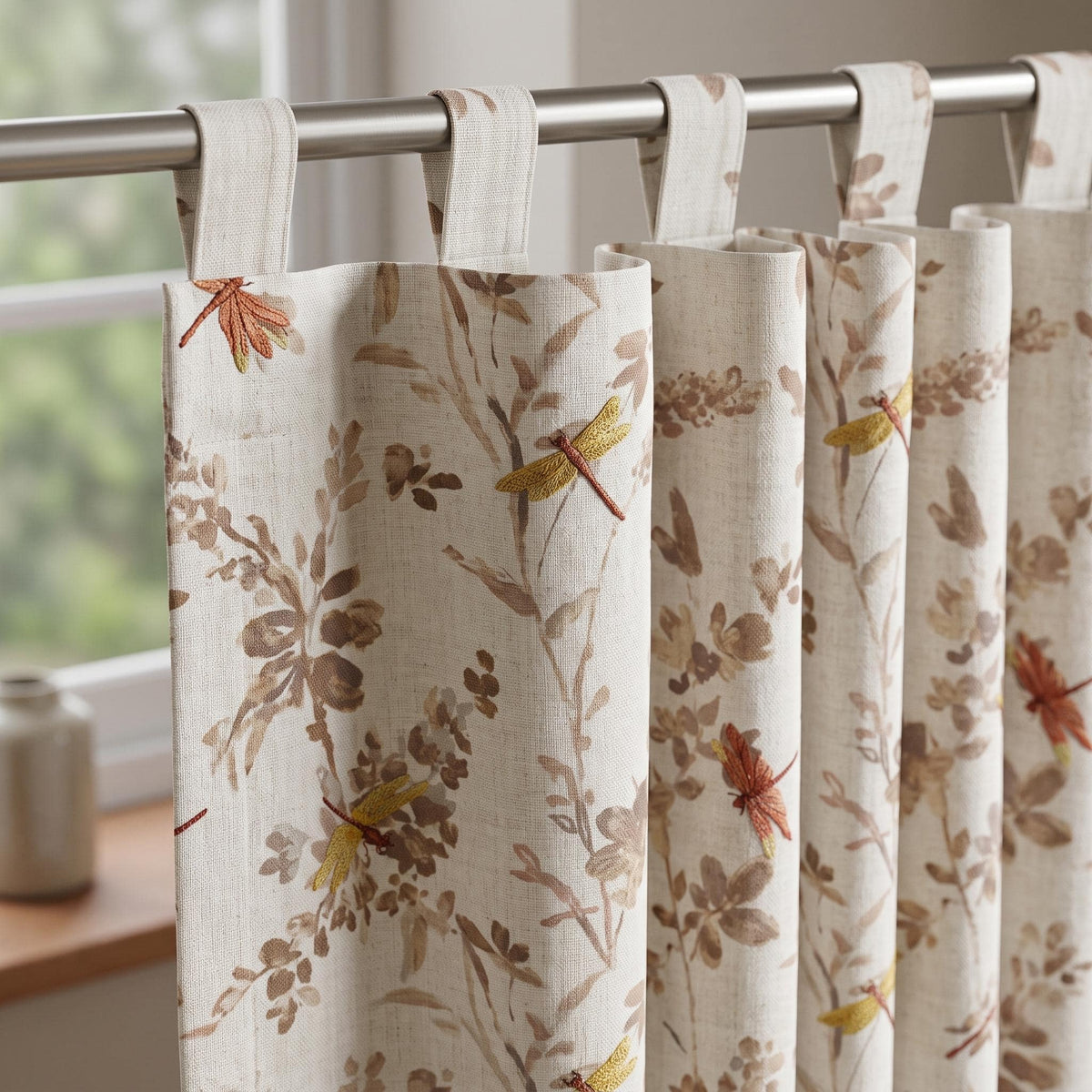 Oatmeal Pure Linen Dragonfly Curtains, Rust Gold Embroidered Botanical Print Drapes, Custom Extra Long Blackout Panels — image 6
