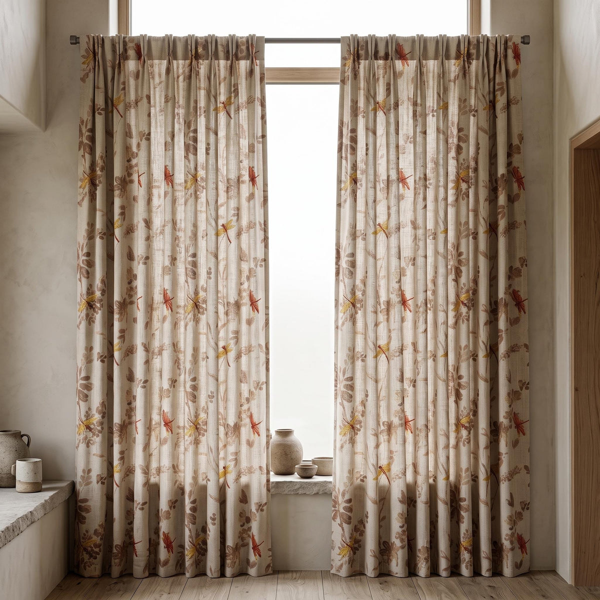 Oatmeal Pure Linen Dragonfly Curtains, Rust Gold Embroidered Botanical Print Drapes, Custom Extra Long Blackout Panels — image 5