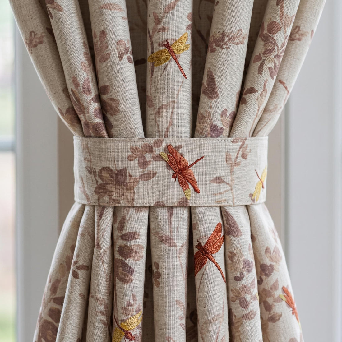 Oatmeal Pure Linen Dragonfly Curtains, Rust Gold Embroidered Botanical Print Drapes, Custom Extra Long Blackout Panels — image 1