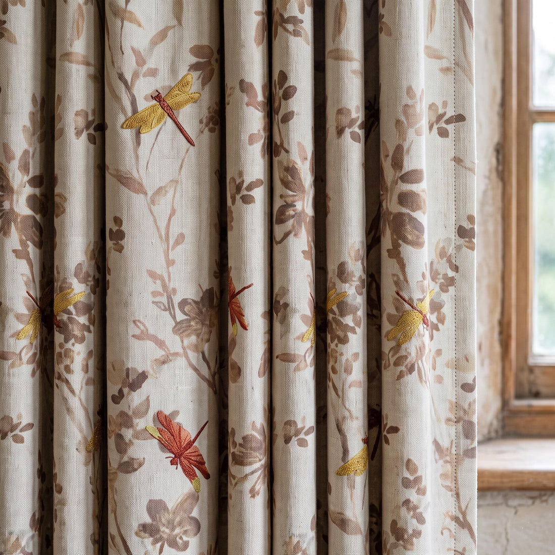 Oatmeal Pure Linen Dragonfly Curtains, Rust Gold Embroidered Botanical Print Drapes, Custom Extra Long Blackout Panels — image 1