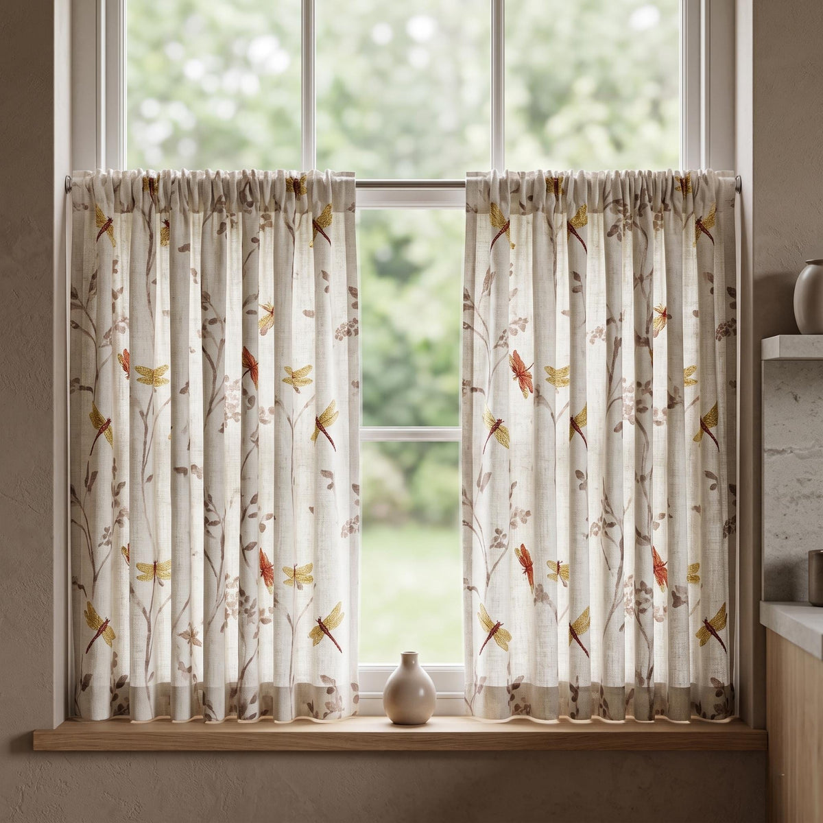 Oatmeal Pure Linen Dragonfly Curtains, Rust Gold Embroidered Botanical Print Drapes, Custom Extra Long Blackout Panels — image 8