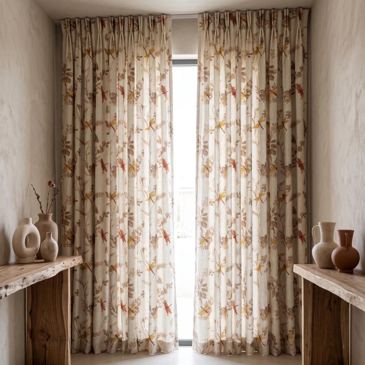 Oatmeal Pure Linen Dragonfly Curtains, Rust Gold Embroidered Botanical Print Drapes, Custom Extra Long Blackout Panels — image 9