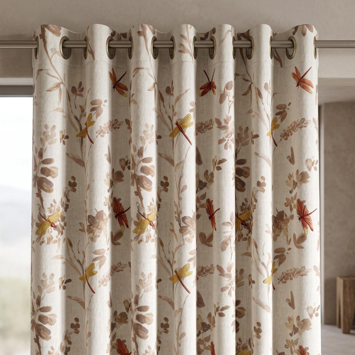 Oatmeal Pure Linen Dragonfly Curtains, Rust Gold Embroidered Botanical Print Drapes, Custom Extra Long Blackout Panels — image 7