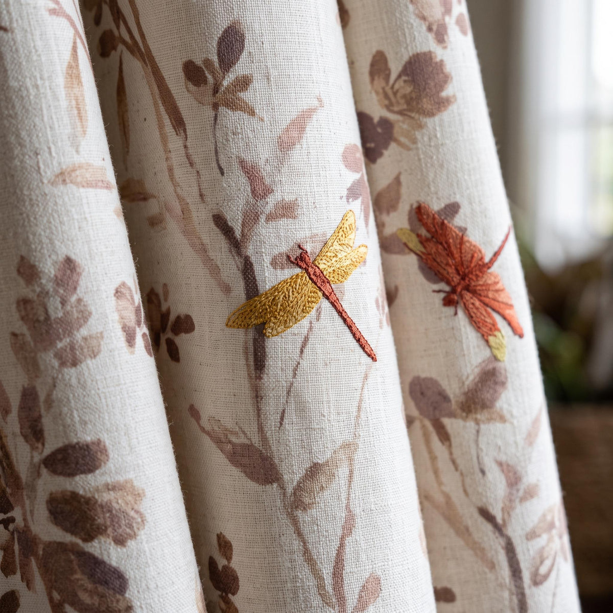 Oatmeal Pure Linen Dragonfly Curtains, Rust Gold Embroidered Botanical Print Drapes, Custom Extra Long Blackout Panels — image 10