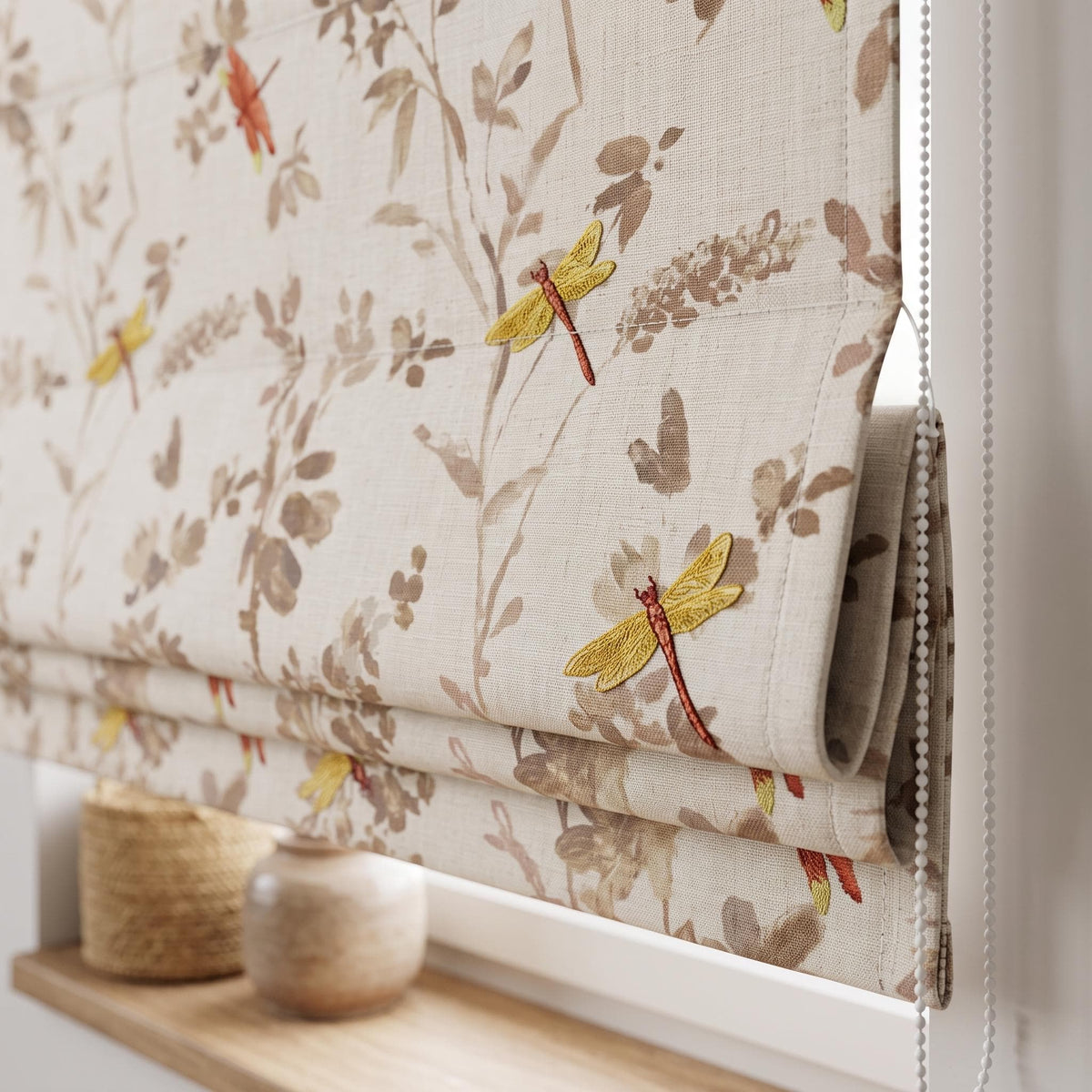 Rust & Gold Dragonfly Embroidered Linen Roman Shade — image 3