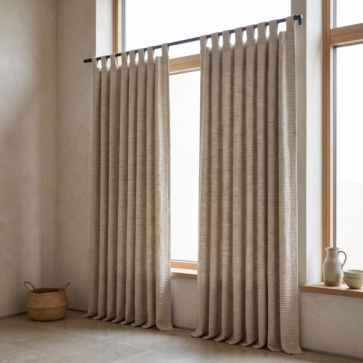 Natural Beige & Ivory Embroidered Linen Curtains, Textured Dot Stripe Drapes, Custom Blackout or Light Filtering Panels — image 6