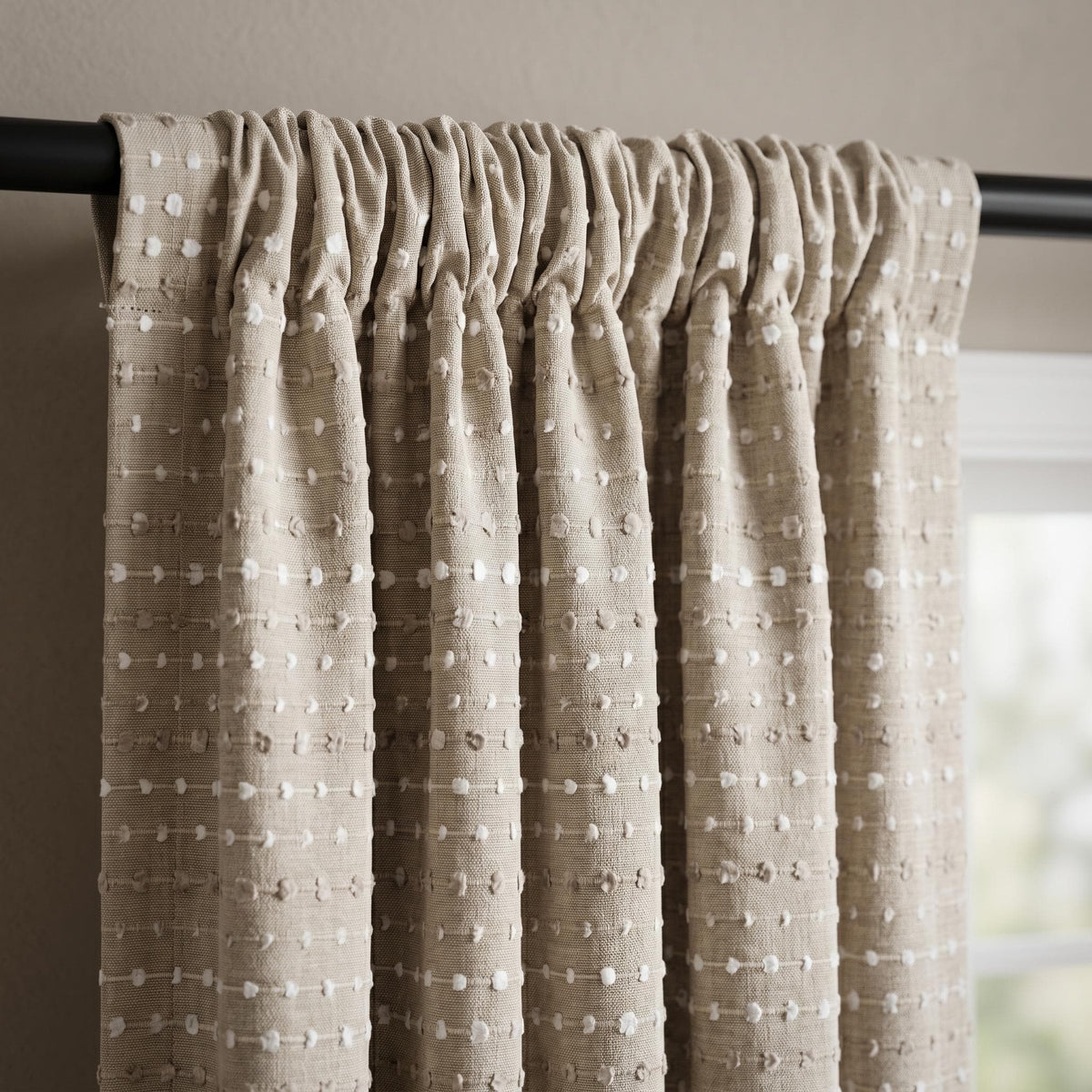 Natural Beige & Ivory Embroidered Linen Curtains, Textured Dot Stripe Drapes, Custom Blackout or Light Filtering Panels — image 3