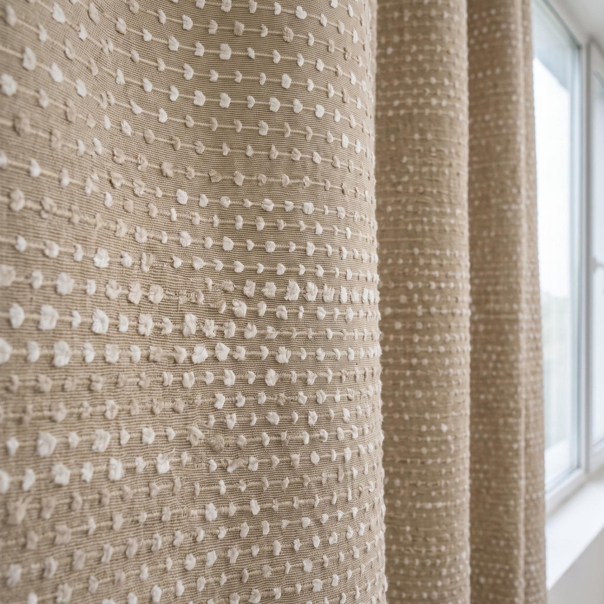 Natural Beige & Ivory Embroidered Linen Curtains, Textured Dot Stripe Drapes, Custom Blackout or Light Filtering Panels — image 7