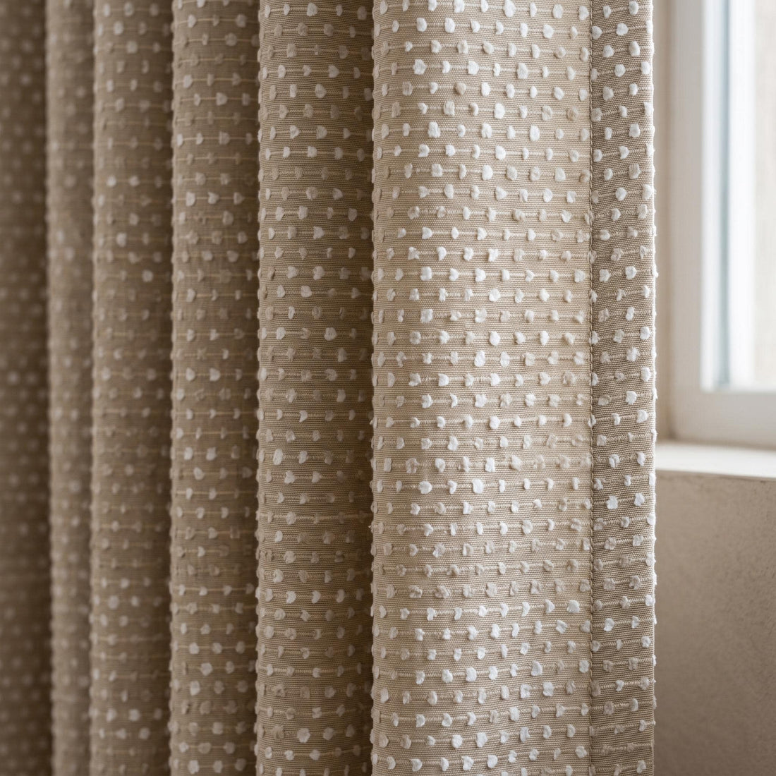 Natural Beige & Ivory Embroidered Linen Curtains, Textured Dot Stripe Drapes, Custom Blackout or Light Filtering Panels — image 1