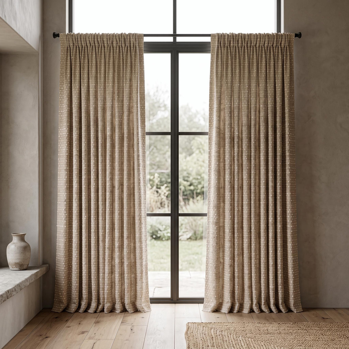 Natural Beige & Ivory Embroidered Linen Curtains, Textured Dot Stripe Drapes, Custom Blackout or Light Filtering Panels — image 5