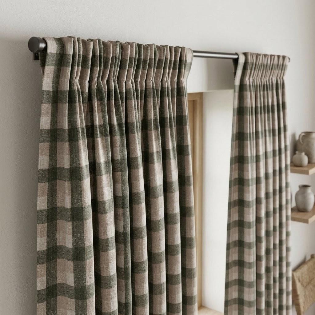 Olive Green, Taupe & Ivory Printed Linen Curtains, Geometric Check Farmhouse Drapes, Custom Blackout or Light Filtering Panels — image 5