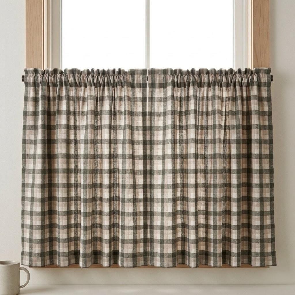 Olive Green, Taupe & Ivory Printed Linen Curtains, Geometric Check Farmhouse Drapes, Custom Blackout or Light Filtering Panels — image 6