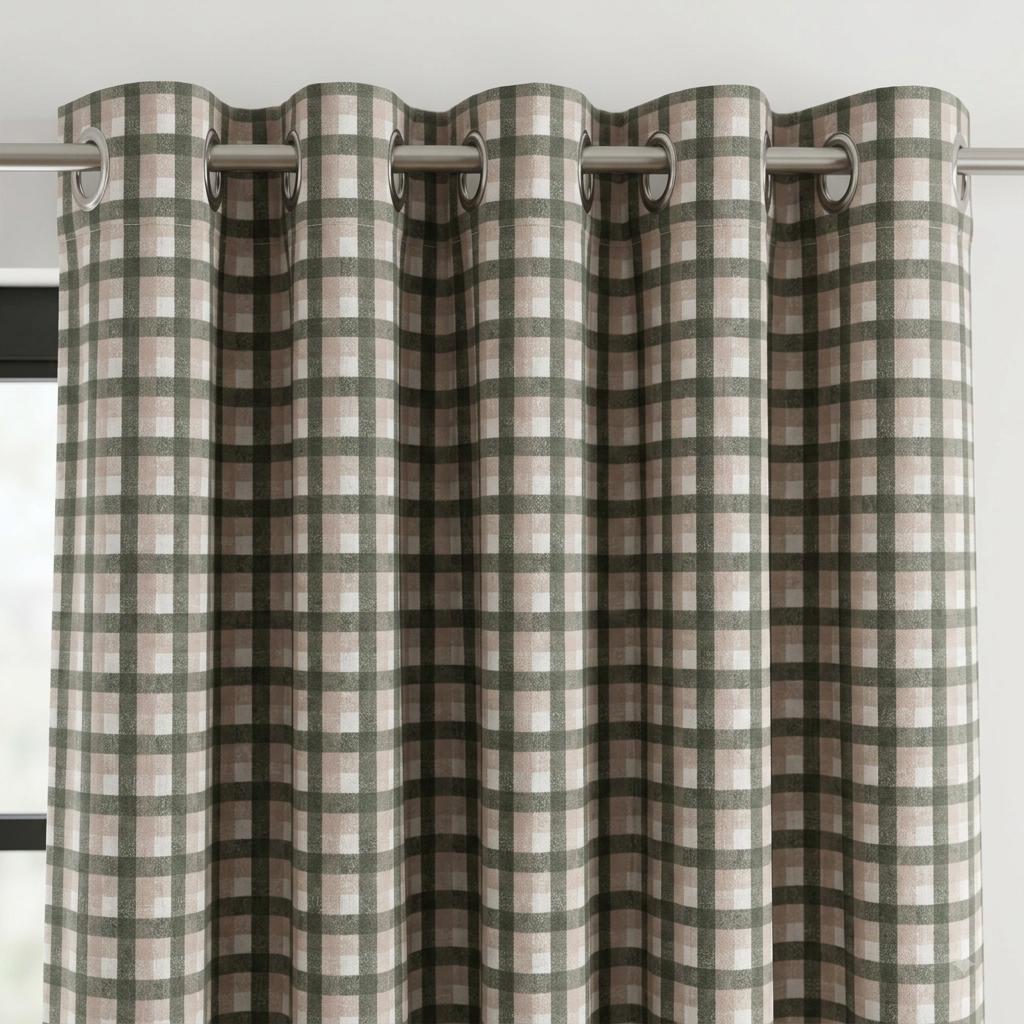 Olive Green, Taupe & Ivory Printed Linen Curtains, Geometric Check Farmhouse Drapes, Custom Blackout or Light Filtering Panels — image 8