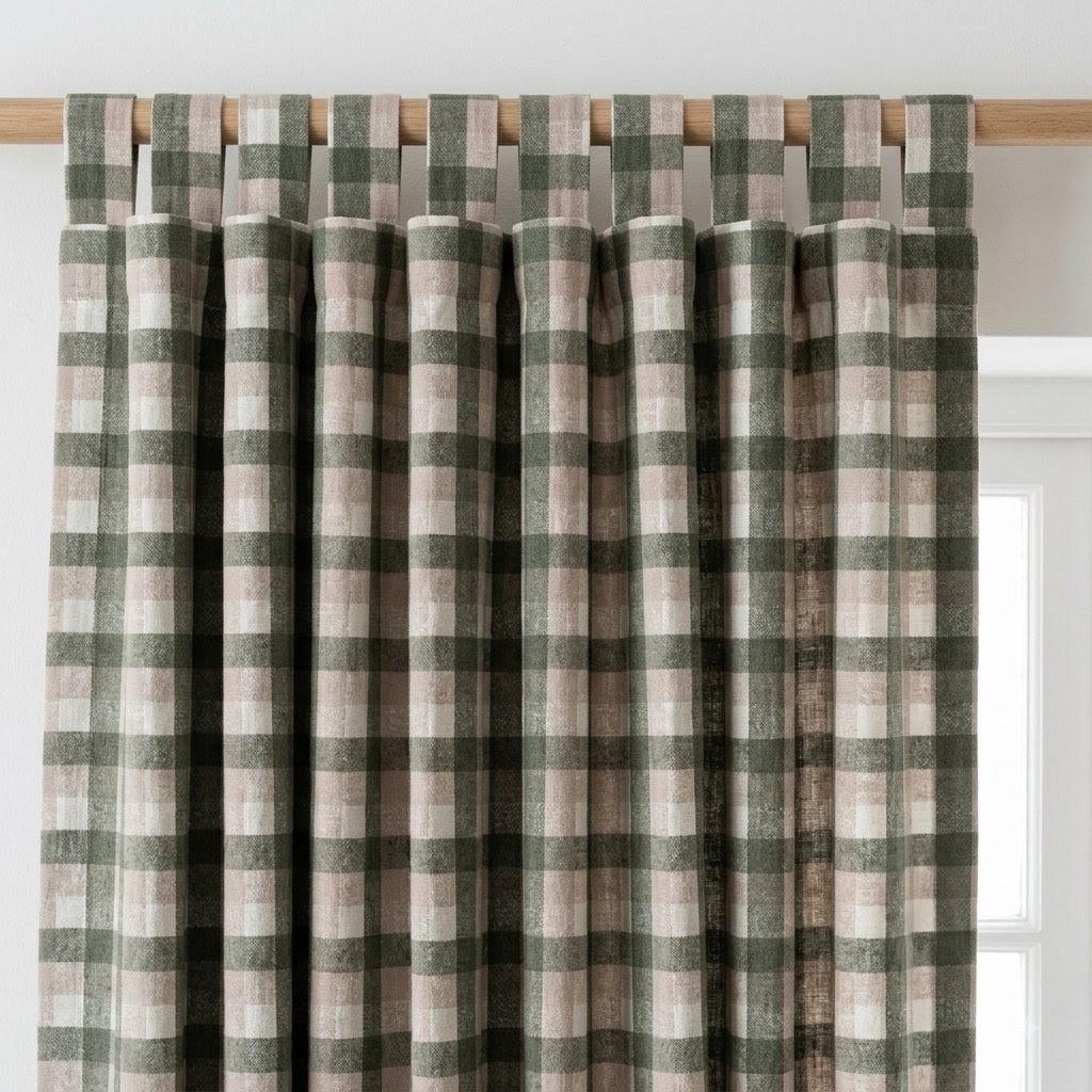 Olive Green, Taupe & Ivory Printed Linen Curtains, Geometric Check Farmhouse Drapes, Custom Blackout or Light Filtering Panels — image 3
