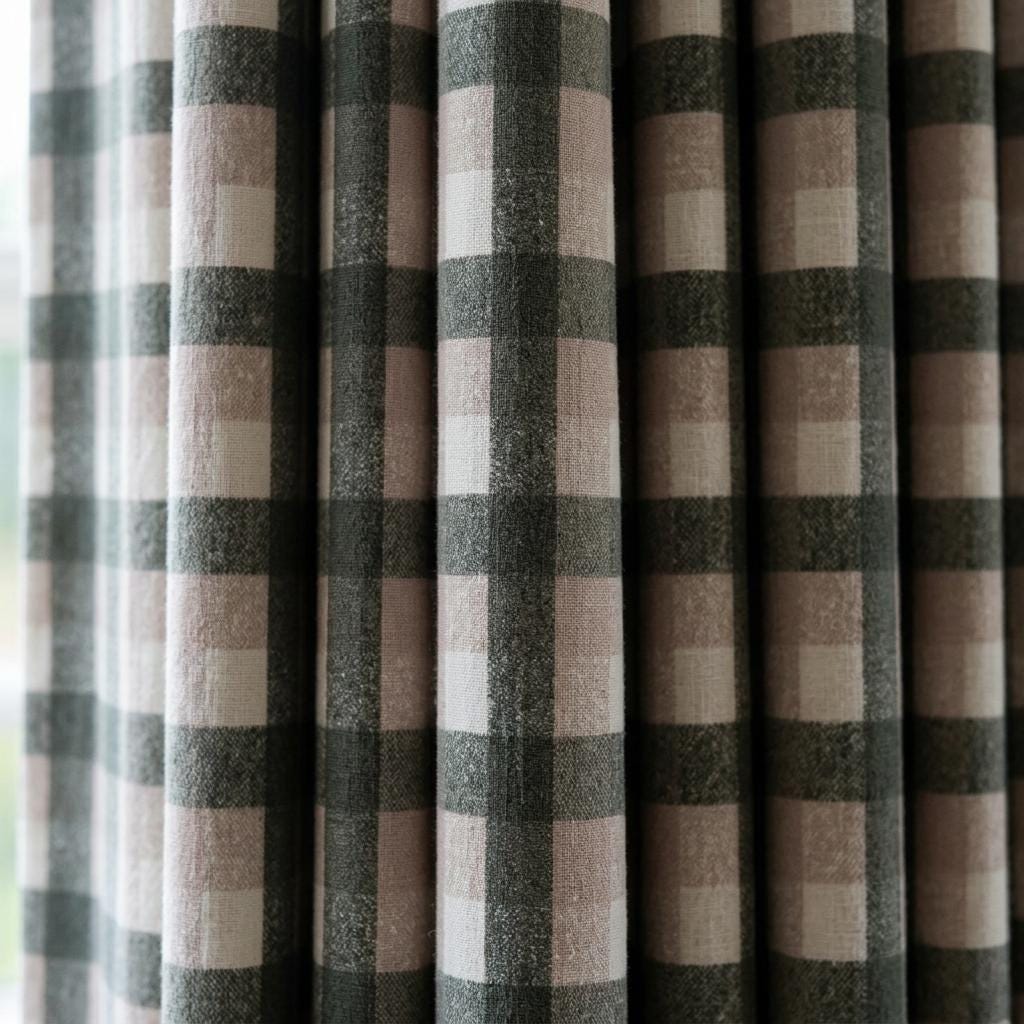 Olive Green, Taupe & Ivory Printed Linen Curtains, Geometric Check Farmhouse Drapes, Custom Blackout or Light Filtering Panels — image 10