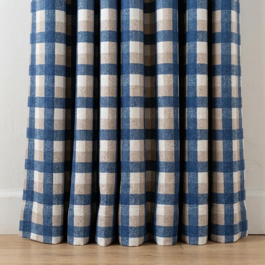 Navy Blue, Taupe & Ivory Printed Linen Curtains, Geometric Check Farmhouse Drapes, Custom Blackout or Light Filtering Panels — image 4