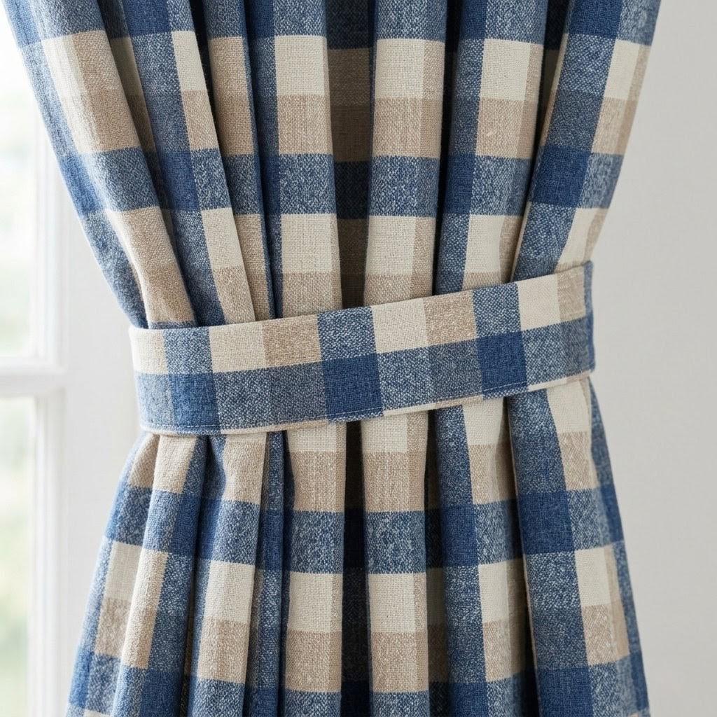 Navy Blue, Taupe & Ivory Printed Linen Curtains, Geometric Check Farmhouse Drapes, Custom Blackout or Light Filtering Panels — image 1
