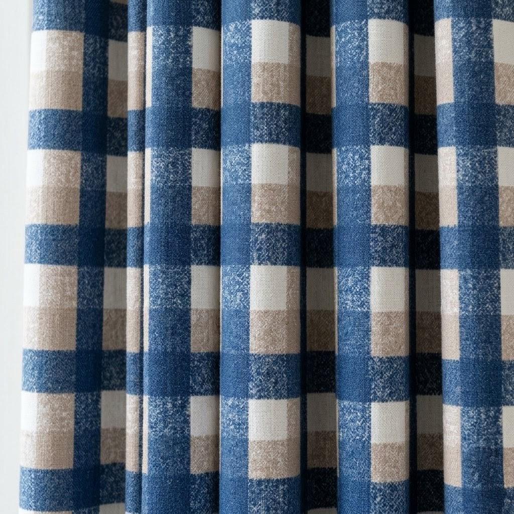 Navy Blue, Taupe & Ivory Printed Linen Curtains, Geometric Check Farmhouse Drapes, Custom Blackout or Light Filtering Panels — image 8