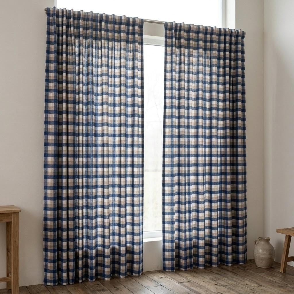 Navy Blue, Taupe & Ivory Printed Linen Curtains, Geometric Check Farmhouse Drapes, Custom Blackout or Light Filtering Panels — image 9
