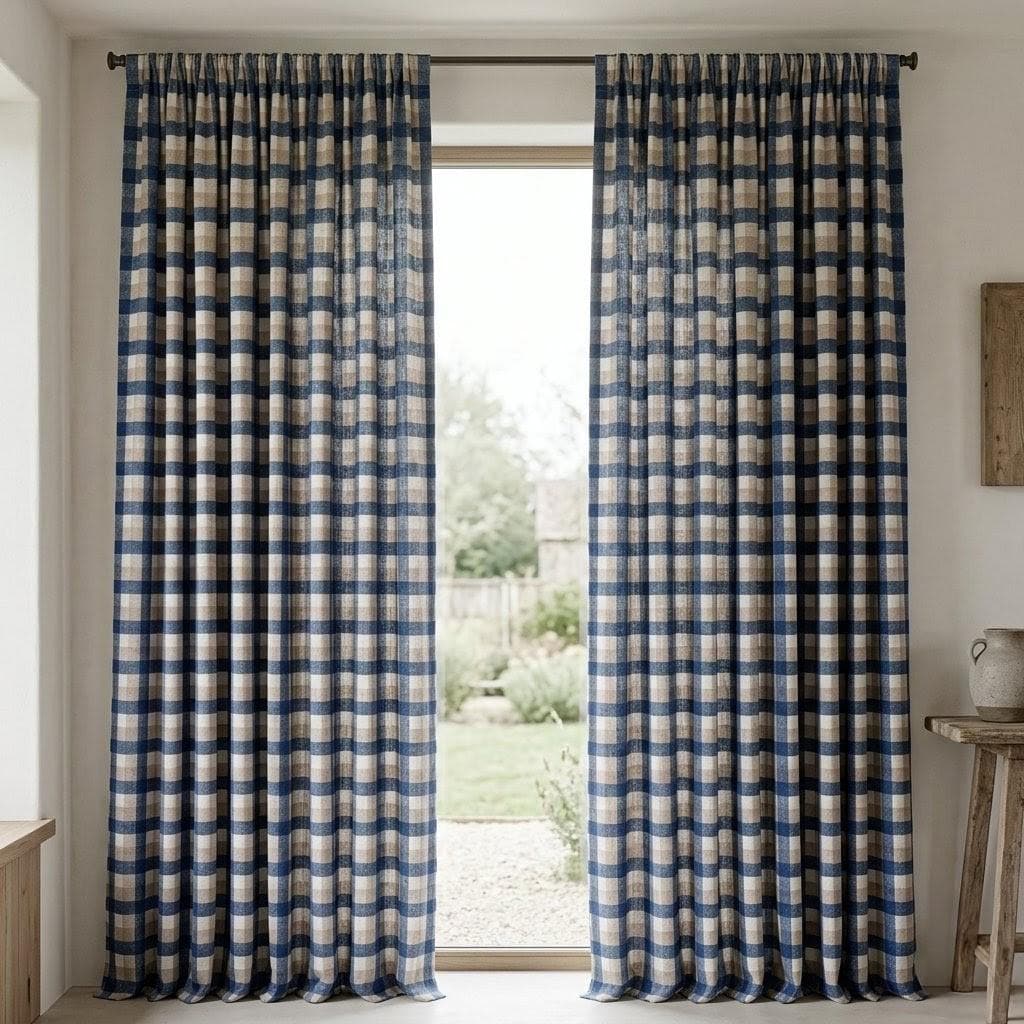 Navy Blue, Taupe & Ivory Printed Linen Curtains, Geometric Check Farmhouse Drapes, Custom Blackout or Light Filtering Panels — image 5