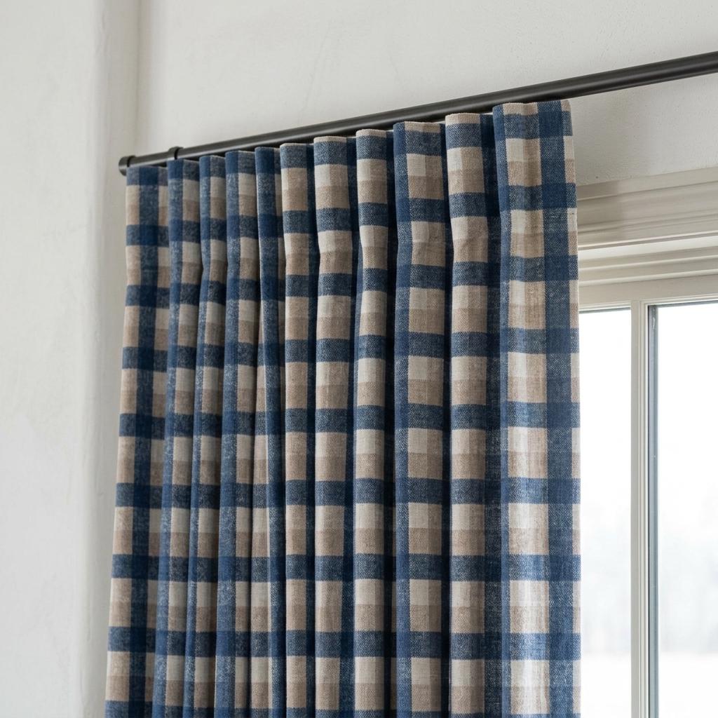 Navy Blue, Taupe & Ivory Printed Linen Curtains, Geometric Check Farmhouse Drapes, Custom Blackout or Light Filtering Panels — image 3