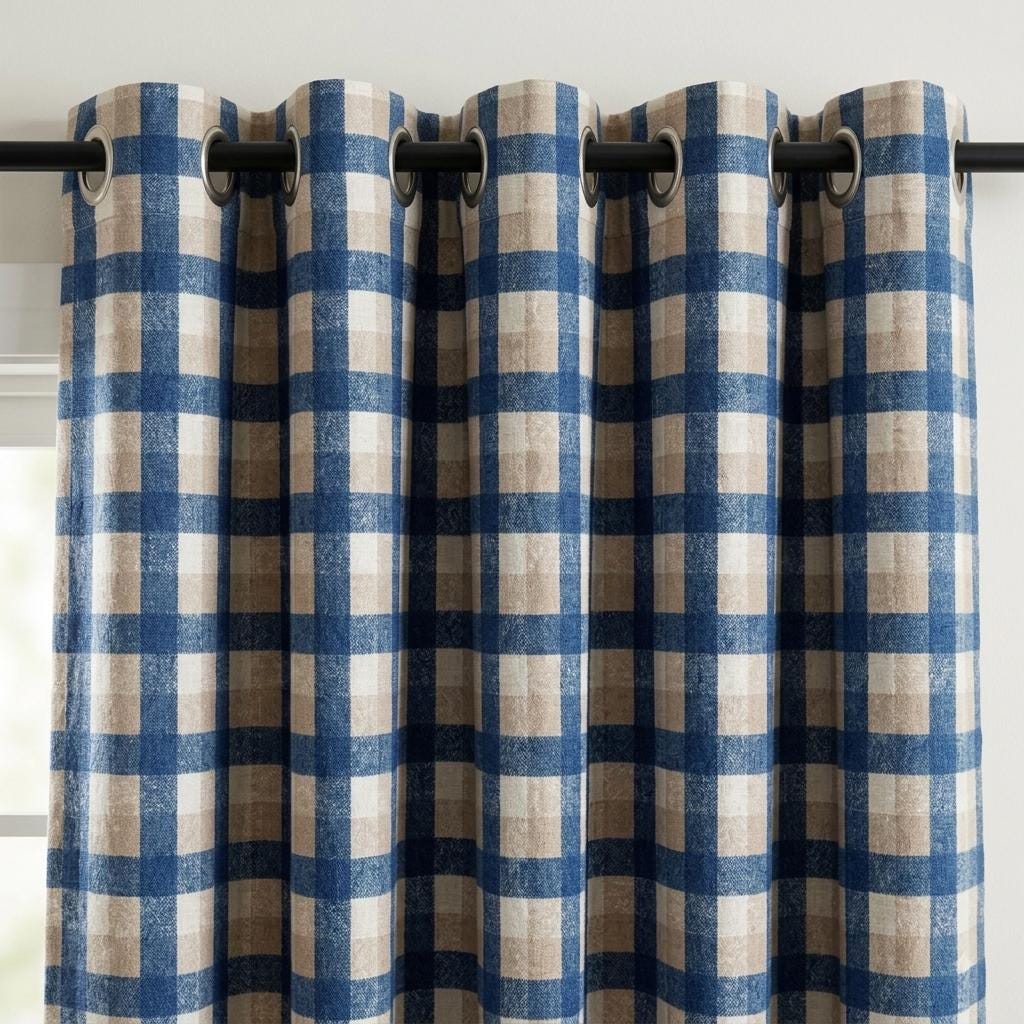 Navy Blue, Taupe & Ivory Printed Linen Curtains, Geometric Check Farmhouse Drapes, Custom Blackout or Light Filtering Panels — image 7