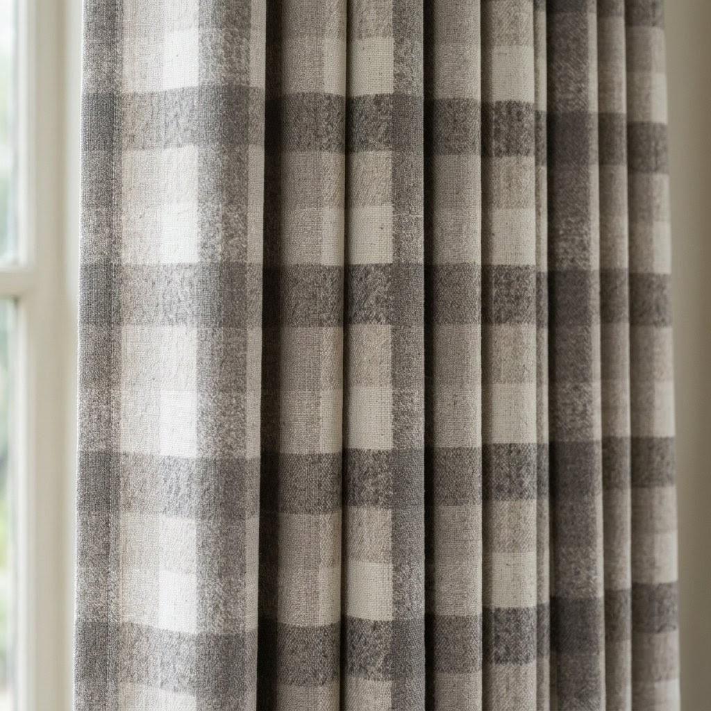 Charcoal Gray, Taupe & Ivory Printed Linen Curtains, Geometric Check Farmhouse Drapes, Custom Blackout or Light Filtering Panels — image 1