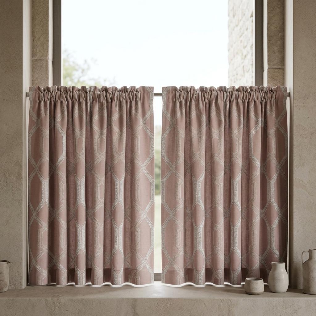 Blush Pink Pure Linen Jacquard Curtains, Ivory Geometric Art Deco Pattern, Custom Blackout Option — image 5
